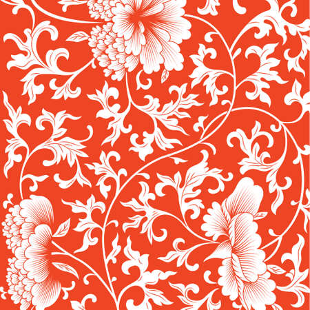Pattern on red background with chinese flowers. Vector illustrationのイラスト素材
