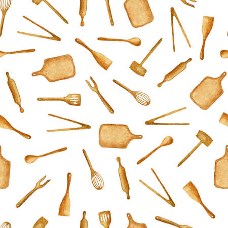 Vector watercolor hand draw kitchen utensils seamless pattern on white backgroundのイラスト素材