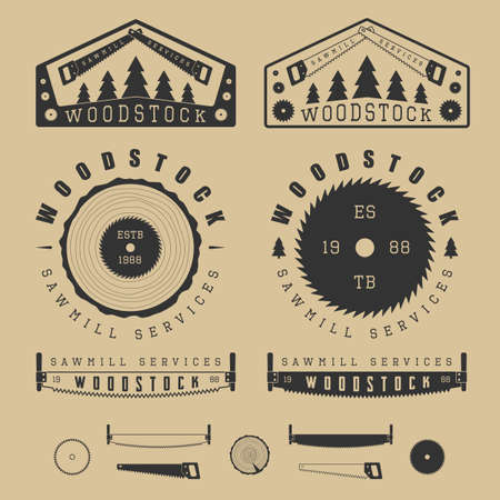 Set of vintage sawmills labels, emblems, logo, badges and design elementsのイラスト素材