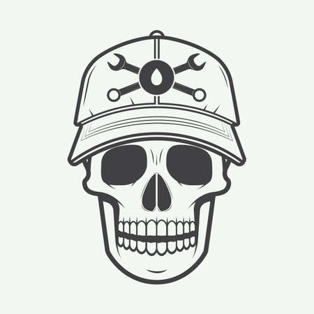 Vintage vector mechanic logo label with skull, wrenchのイラスト素材
