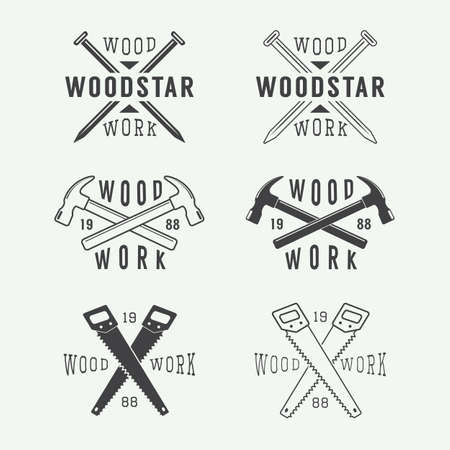 Set of vintage carpentry and mechanic labels, emblems and logoのイラスト素材
