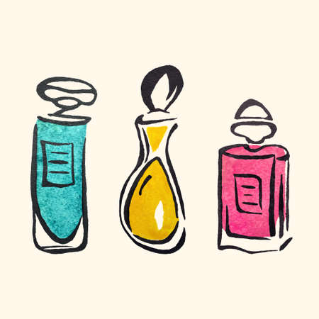 Watercolor hand draw vector perfume bottlesのイラスト素材