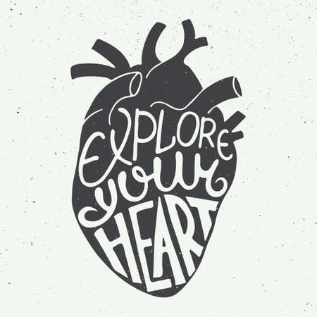 Vector card with hand drawn unique typography design element for greeting cards, prints and posters. Explore your heart in anatomic heart on vintage backgroundのイラスト素材