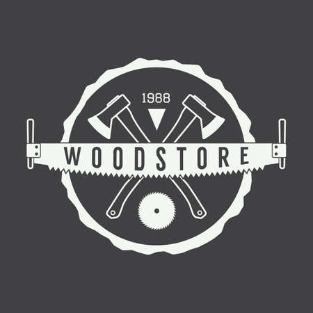 Vintage sawmill logo with axes, rocks, treesのイラスト素材