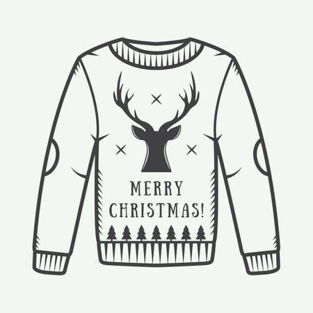 Vintage Christmas sweater with deer, trees and stars. Vector illustrationのイラスト素材