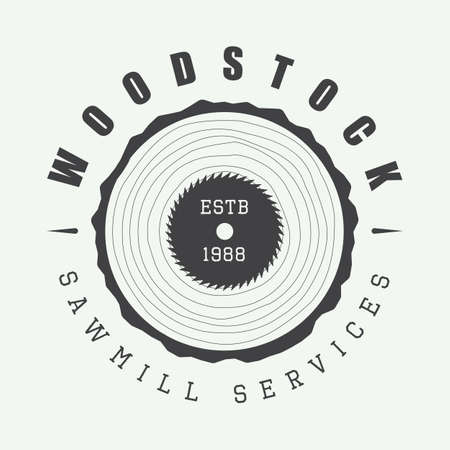 Vintage sawmill logo with axes, rocks, trees. Vector illustrationのイラスト素材