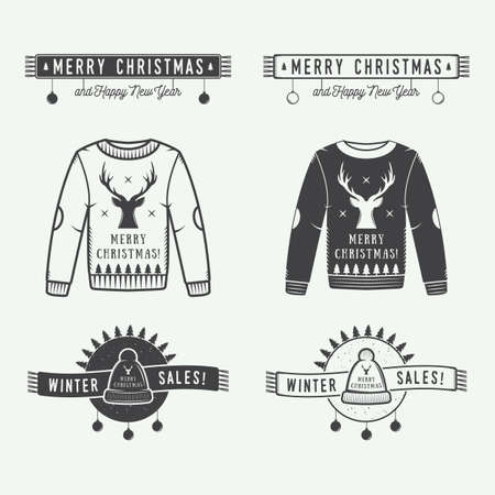 Vintage Merry Christmas or winter sales logo, emblem, badge, label and watermark in retro style with sweaters, hats, scarfs, trees, stars, decor, deers and design elements. Vector illustrationのイラスト素材
