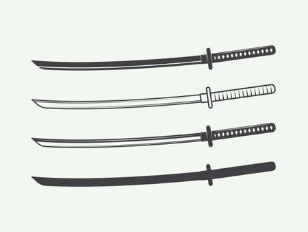 Set of vintage katana snowrds in retro style. Vector illustrationのイラスト素材
