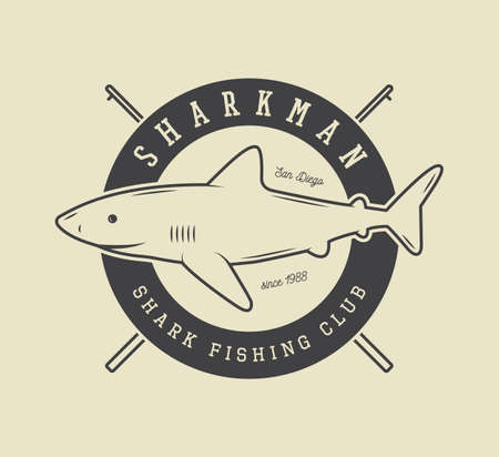 Vintage fishing label, badge with shark. Vector illustrationのイラスト素材
