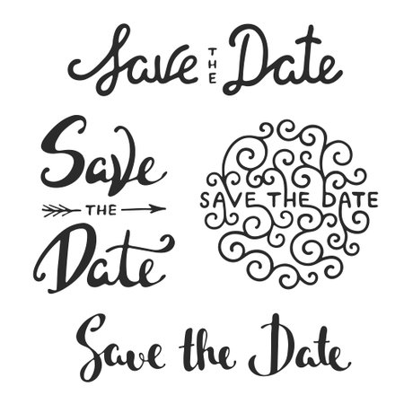 Set of vector hand drawn typography design element for greeting cards or invitations. Save the date calligraphy phrases. Unique lettering. Vintage templates.のイラスト素材