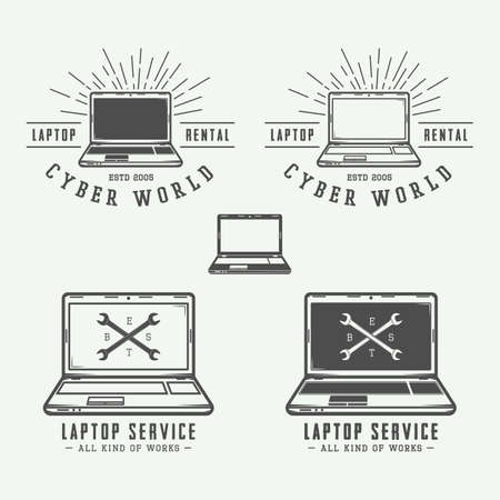 Vintage laptop or pc repair emblem, badge, label or mark. Vector Illustrationのイラスト素材