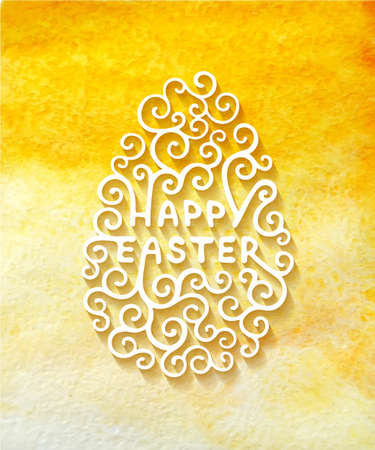 Happy Easter vector typography design elements for greeting cards, invitation, prints and posters. Hand drawn lettering with swirls on yellow watercolor backgroundのイラスト素材