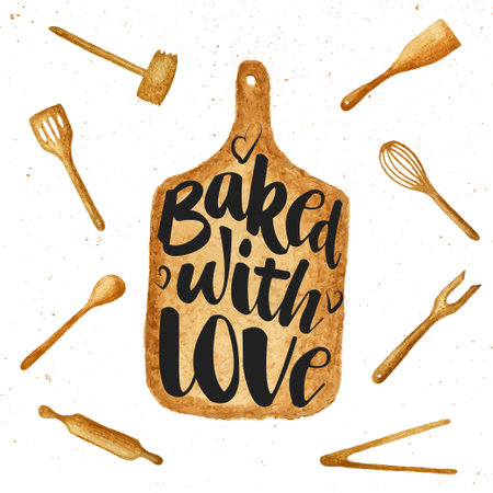 Vector card with hand drawn unique typography design element for greeting cards, prints and posters. Baked with love on watercolor hand draw cutting board and kitchen tools, handwritten letteringのイラスト素材