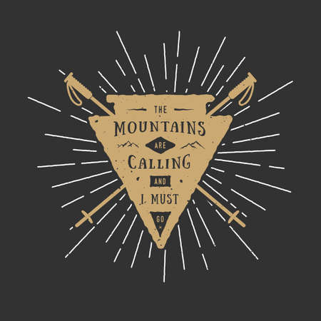 Vintage adventure badge, emblem with slogan and ski sticks in retro style. Vector illustrationのイラスト素材