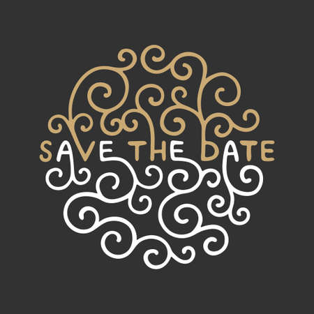 Save the Date invite card vector template with modern calligraphy on dark background. Handwritten lettering. Hand drawn design elements.のイラスト素材