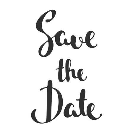 Save the Date invite card vector template with modern calligraphy isolated on white background. Handwritten lettering. Hand drawn design elements.のイラスト素材