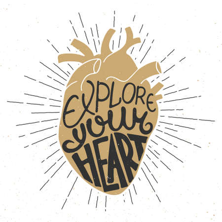 Vector card with hand drawn unique typography design element for greeting cards, prints and posters. Explore your heart in anatomic golden heart and starburst, vintage styleのイラスト素材