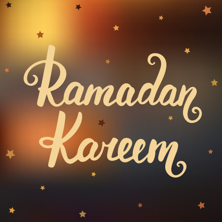 Ramadan Kareem greeting card design template with modern ink brush calligraphy on blurred background with little stars. Handwritten lettering. Hand drawn vector design elements. Muslim holy month.のイラスト素材