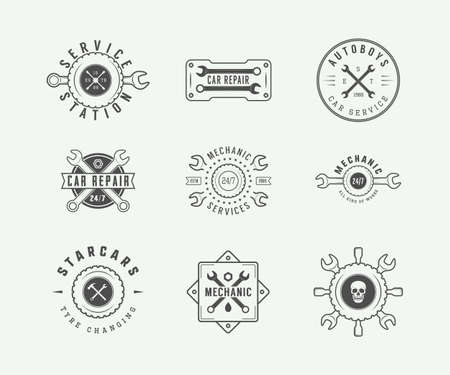 Set of vintage mechanic label, emblem, badge and logo. Vector illustration. Graphic Artのイラスト素材
