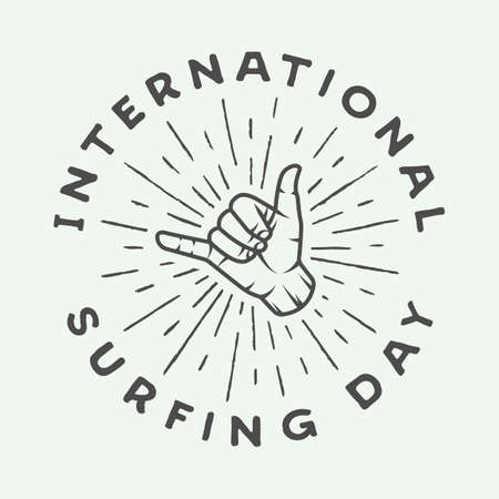 Vintage surfing logo, emblem, badge, label, mark. International surfing 2016 day card. Graphic art. Vector Illustration.のイラスト素材