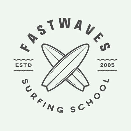 Vintage surfing logo, emblem, badge, label, mark. International surfing day card. Graphic art. Vector Illustration. Graphic Art.のイラスト素材