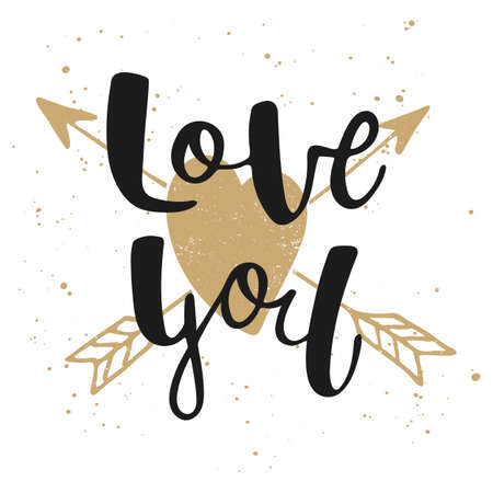 Vector card with hand drawn unique typography design element for greeting cards, decoration, prints and posters. Love you with heart and arrows, modern ink brush calligraphy. Handwritten lettering.のイラスト素材