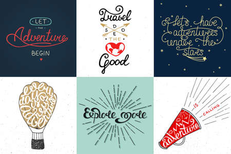Set of adventure and travel vector hand drawn unique typography greeting cards.のイラスト素材