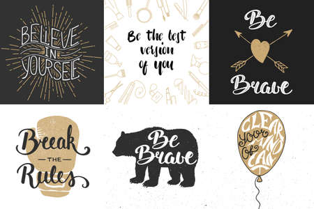 Set of motivational and inspirational vector hand drawn unique typography greeting cards, decoration, template, prints, banners and posters. Modern ink calligraphy. Handwritten vintage lettering.のイラスト素材