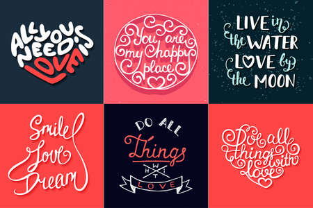 Set of romantic vector hand drawn unique typography greeting cards, decoration, template, prints, banners and posters. Modern ink brush calligraphy. Handwritten vintage lettering.のイラスト素材