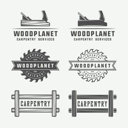 Set of vintage carpentry, woodwork and mechanic labels, badges, emblems and logo. Vector illustration. Monochrome Graphic Art.のイラスト素材