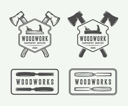 Set of vintage carpentry, woodwork and mechanic labels, badges, emblems and logo. Vector illustration. Monochrome Graphic Art.のイラスト素材