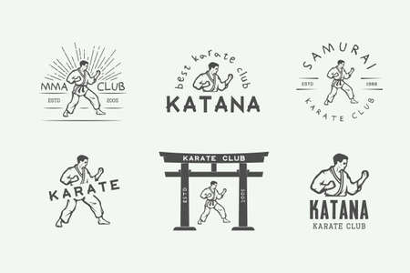 Set of vintage karate or martial arts logo, emblem, badge, label and design elements in retro style. Vector illustration. Monochrome Graphic Art.のイラスト素材
