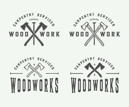 Set of vintage carpentry, woodwork and mechanic labels, badges, emblems and logo. Vector illustration. Monochrome Graphic Art.のイラスト素材