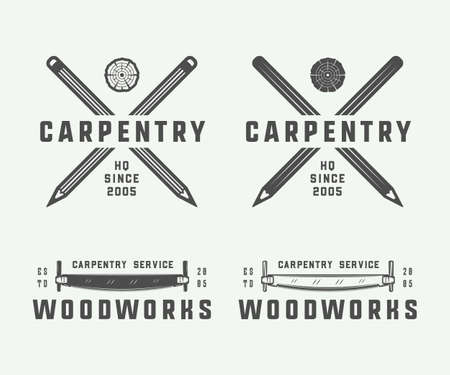 Set of vintage carpentry, woodwork and mechanic labels, badges, emblems and logo. Vector illustration. Monochrome Graphic Art.のイラスト素材