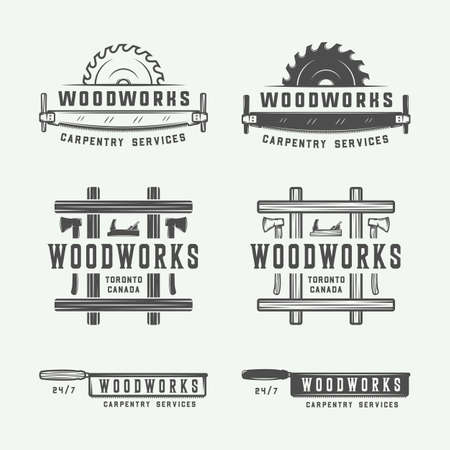 Set of vintage carpentry, woodwork and mechanic labels, badges, emblems and logo. Vector illustration. Monochrome Graphic Art.のイラスト素材