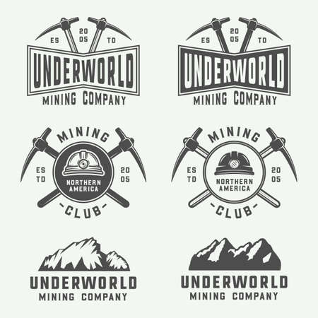 Set of retro mining or construction logos, badges, emblems and labels in vintage style. Monochrome Graphic Art. Vector Illustration.のイラスト素材