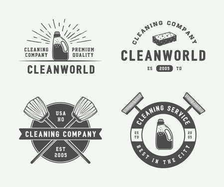 Set of retro cleaning logo badges, emblems and labels in vintage style. Monochrome Graphic Art. Vector Illustration.のイラスト素材