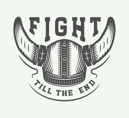 Vintage viking helm with motivational quote in retro style. Monochrome Graphic Art. Vector Illustration.のイラスト素材