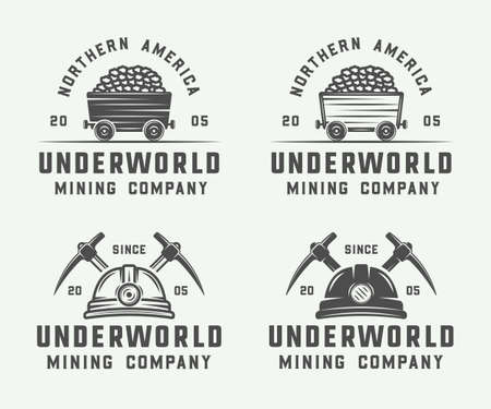 Set of retro mining or construction logos, badges, emblems and labels in vintage style. Monochrome Graphic Art. Vector Illustration.のイラスト素材