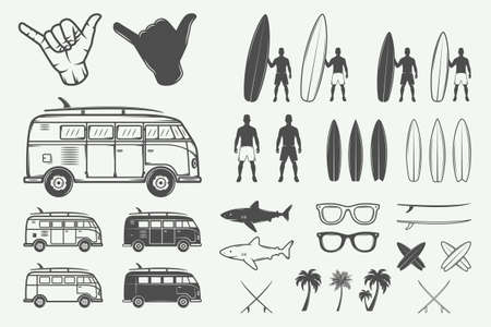 Set of vintage summer surfing design elements in retro style. Vector Illustration. Monochrome Graphic Art.のイラスト素材