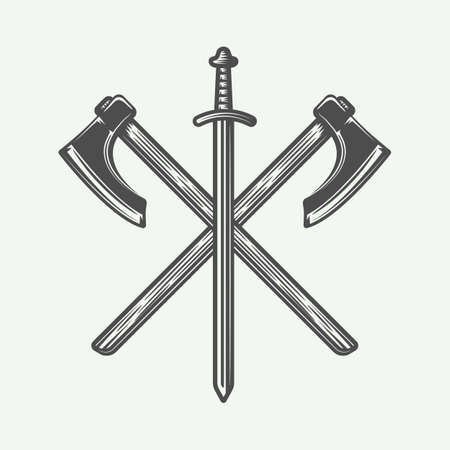Vintage vikings logo, emblem, badge in retro style. Monochrome Graphic Art. Vector Illustration.のイラスト素材