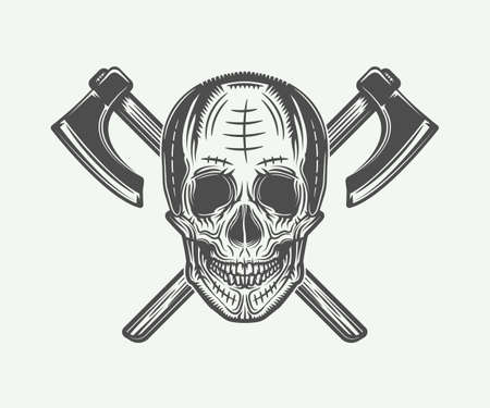 Vintage vikings skull logo, emblem, badge in retro style with quote. Monochrome Graphic Art. Vector Illustration.のイラスト素材