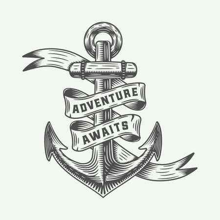 Vintage anchor in retro style with adventures typography. Monochrome graphic Art. Vector Illustration.のイラスト素材