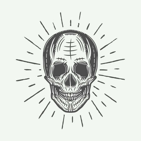 Vintage line skull in retro style. Vector illustration. Monochrome Graphic Art.のイラスト素材