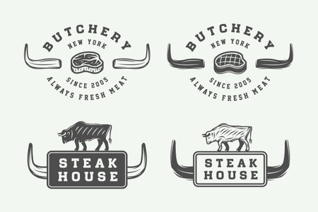 Set of vintage  meat, steak or bbq, emblems, badges, labels.のイラスト素材