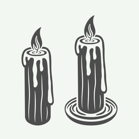 Set of vintage halloween candles in retro style. Monochrome Graphic Art. Vector Illustration.のイラスト素材