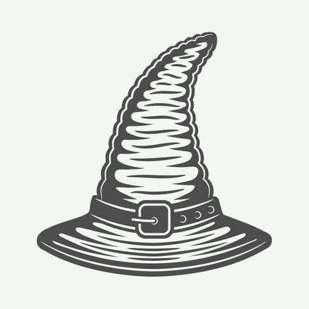 Vintage halloween big witch's hat in retro style. Monochrome Graphic Art. Vector Illustration.のイラスト素材
