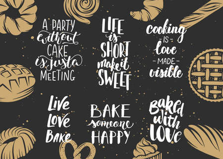 Set of bakery vector lettering with engraved elements for greeting cards, decoration, prints and posters.のイラスト素材