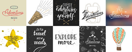 Set of adventure and travel vector hand drawn unique typography greeting cardsのイラスト素材