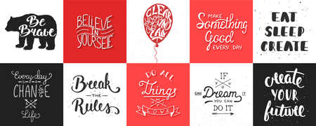 Set of vector motivational and inspirational lettering posters, greeting cards, decoration, prints. Hand drawn typography design elements. Handwritten lettering. Modern ink brush calligraphy.のイラスト素材